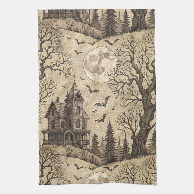 Vintages Spuk Haus & Vollmond Geschirrtuch (Vertikal)