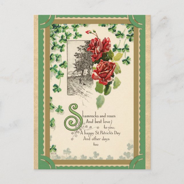 Vintages St. Patricks Day Kleeblatt und Rose Postkarte (Vorderseite)