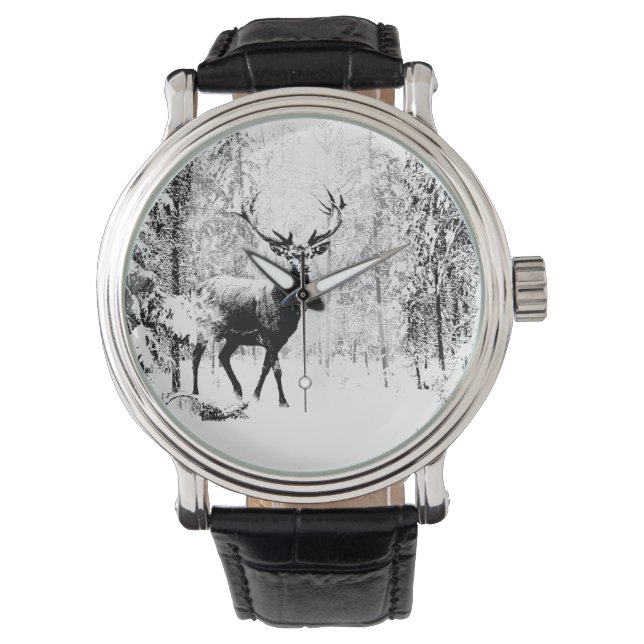 Vintages Stag Hirsch Schwarz-weiß Tier Armbanduhr (Vorderseite)