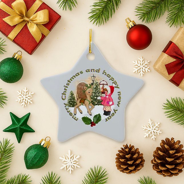 Vintages Star-Ornament Girl with Toy Horse Scene Keramik Ornament (Von Creator hochgeladen)