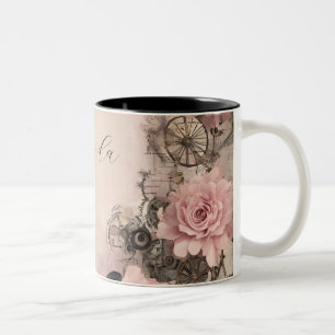 Vintages Steampunk Boho Pink und Schwarzes Floral Zweifarbige Tasse