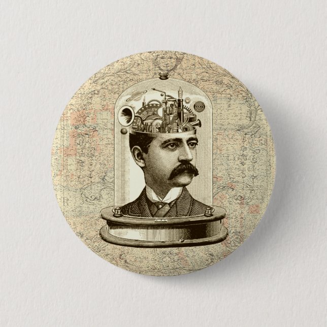 Vintages Steampunk-Uhrwerk Gehirn, Schnurrbart Button (Vorderseite)