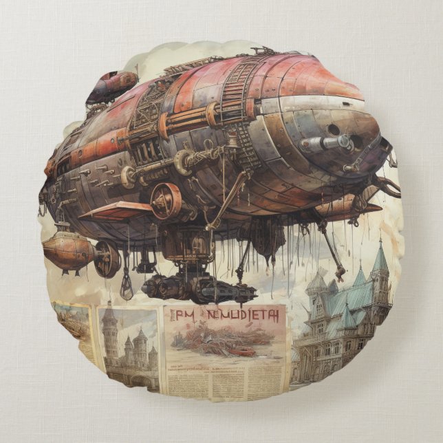 Vintages Steampunk-Zeppelin (9) Gewebepapier Rundes Kissen (Vorderseite)
