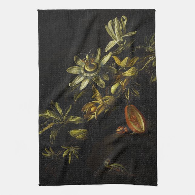 Vintages Stillleben mit Passionblüten auf schwarz  Geschirrtuch (Vertikal)