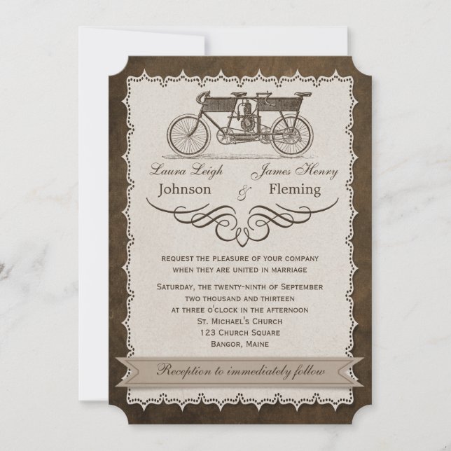 Vintages Tandem-Bicycle Wedding Einladung aus dem  (Vorderseite)