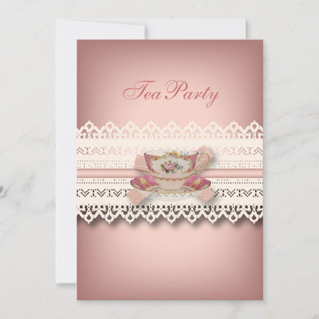 Vintages Tee-Party in Rosa Einladung (Vorderseite)