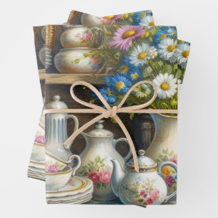 Vintages Tee Set und Wildblumen Geschenkpapier Set