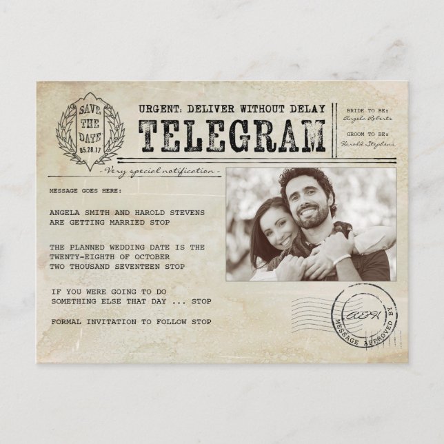 Vintages Telegramm Altes  Foto Ankündigungspostkarte (Vorderseite)