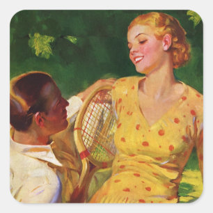 Vintages Tennis, Liebe und Romantik Quadratischer Aufkleber