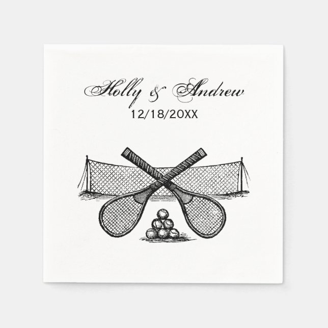 Vintages Tennisnetz, überquerte Racquets, Bälle Serviette (Vorderseite)