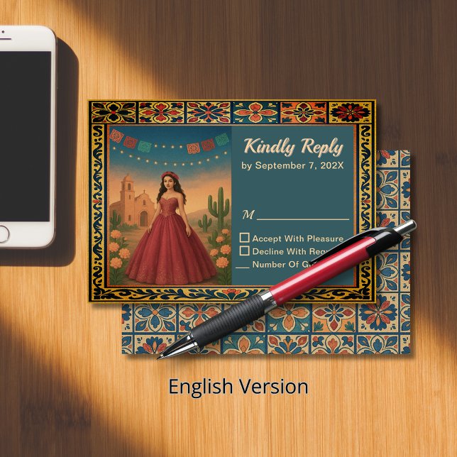Vintages Thema aus Quinceañera RSVP Karte (Vintage Quinceañera Red Gown Theme RSVP Ca)