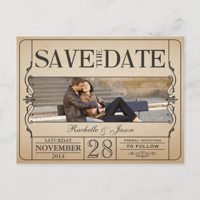 Vintages Ticket Save the Date Ankündigungspostkarte (Vorderseite)