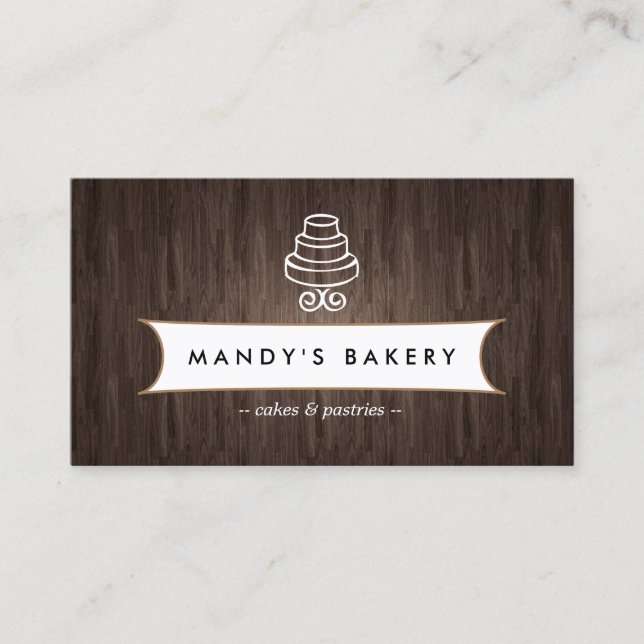 Vintages Tiered Cake-Logo auf Braunholz Visitenkarte (Vorderseite)