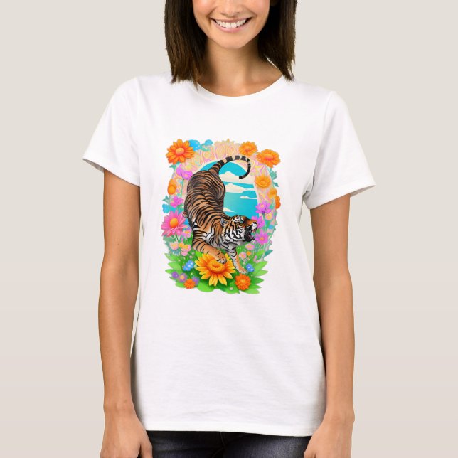 Vintages Tiger mit Blume T-Shirt (Vorderseite)