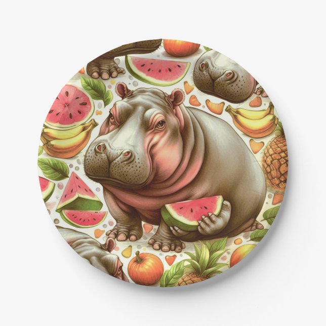 Vintages tropisches Hippopotamusmuster Pappteller (Vorderseite)