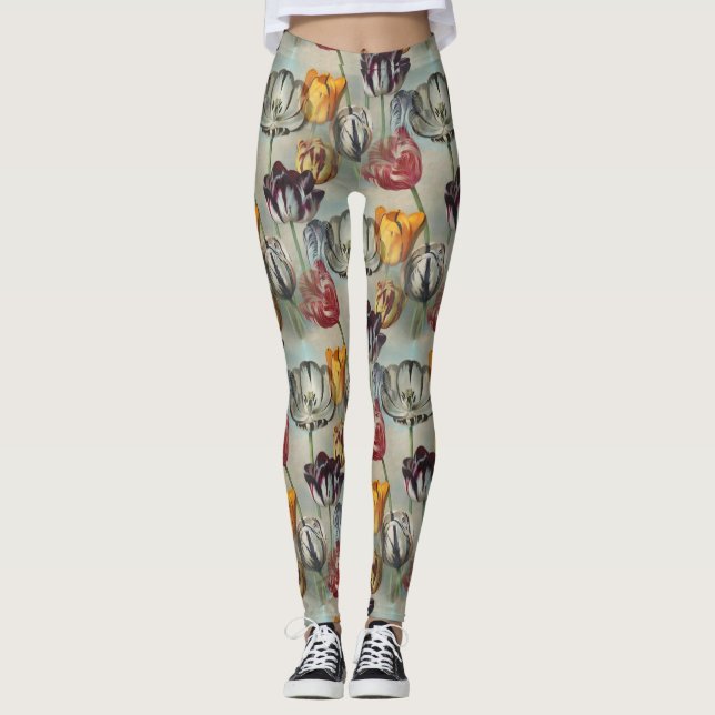 Vintages Tulips Botanisches Blumenmuster Leggings (Vorderseite)