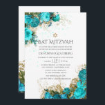 Vintages Türkis und Gold Shabby Floral Bat Mitzvah Einladung<br><div class="desc">Türkisfarbene und goldfarbene,  schimmernde Blume bitten um Mitzvah.</div>