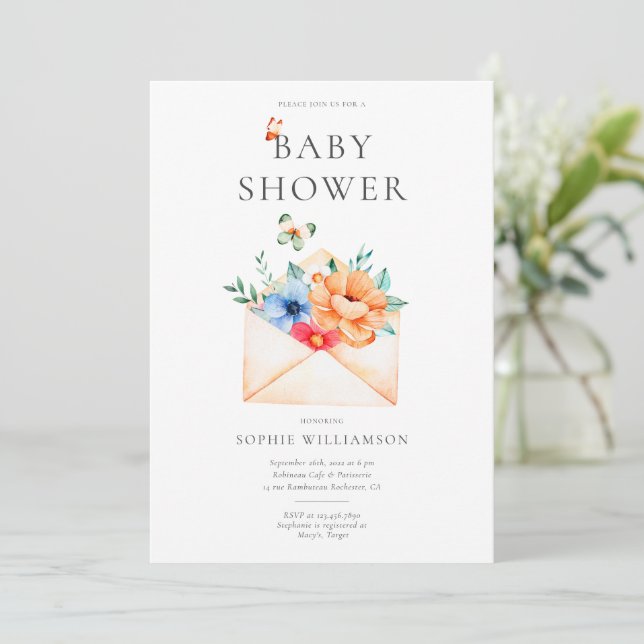 Vintages Umschlag mit Blume Babydusche Einladung (Stehend Vorderseite)