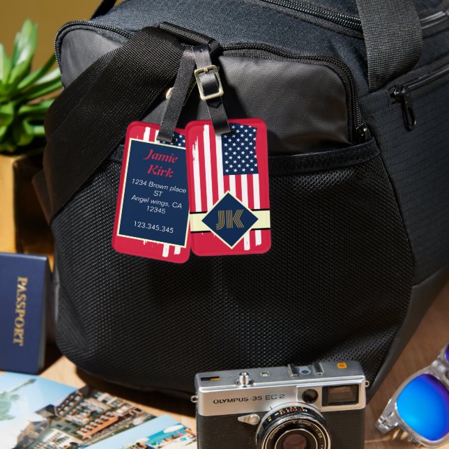 Vintages US-Flaggenmonogramm personalisiert Gepäckanhänger (Vorderseite & Rückseite)