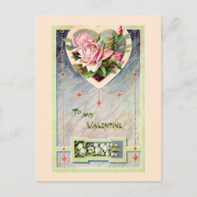 Vintages Valentin mit rosa Rosen Postkarte (Vorderseite)