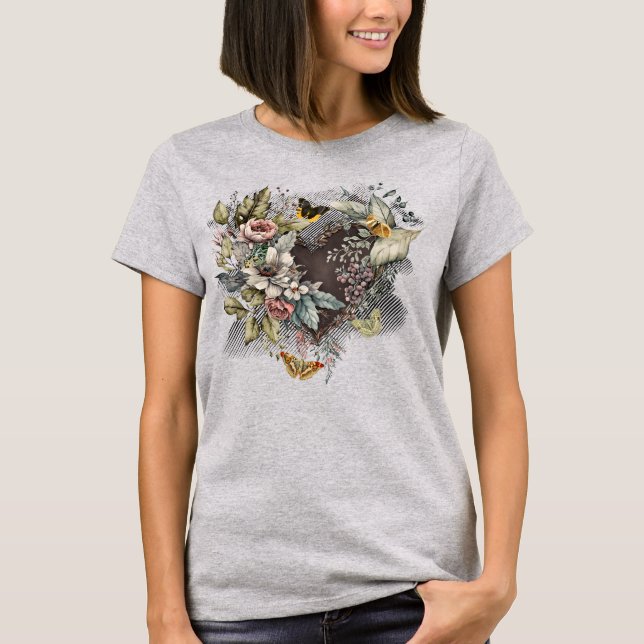 Vintages Valentinherz, Blume, Schmetterlinge T-Shirt (Vorderseite)