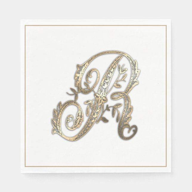 Vintages Verziertes Gold Monogramm R Serviette (Vorderseite)