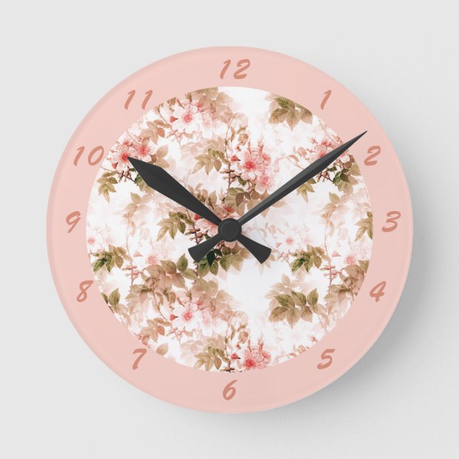 Vintages Viktorianisch rosa Blumenmuster Elegantes Runde Wanduhr (Vorderseite)