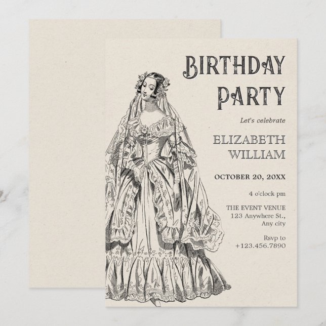 Vintages viktorianisches Kleid Geburtstag Einladung (Vorne/Hinten)