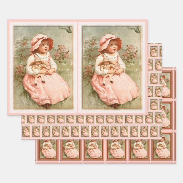 Vintages Viktorianisches Mädchen mit Puppenschmett Geschenkpapier Set (Set)