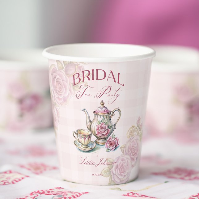 Vintages Viktorianisches rosa Roses Brauttee Party Pappbecher (Vintage Victorian pink roses bridal tea party monogrammed customized Paper Cups love is brewing cups)