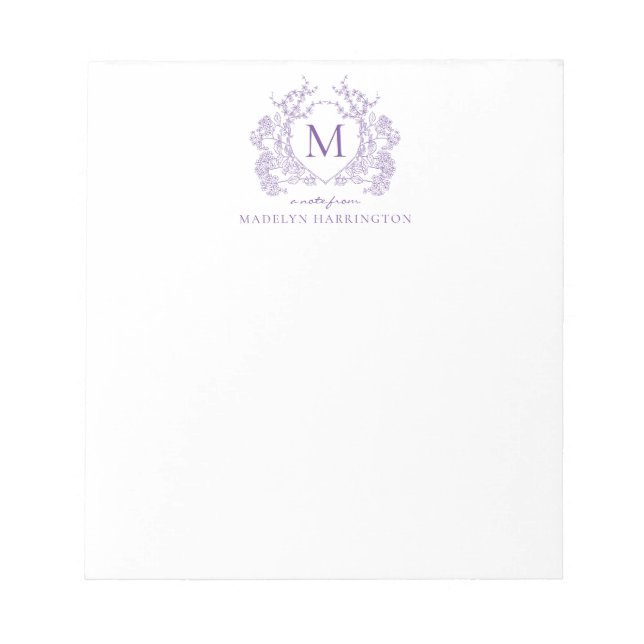 Vintages Violett Floral Wappen Monogramm Notizblock (Vorderseite)