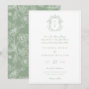 Vintages Wappen Monogram Wedding Sage Einladung