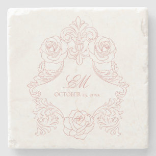 Vintages Wappen-Monogramm-Rosa-Hochzeitslogo Steinuntersetzer