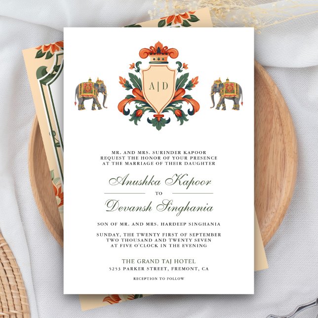 Vintages Wappen Royal Elephant Indian Hindu Weddin Einladung (Von Creator hochgeladen)