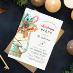 Vintages Watercolor Lamp Weihnachts-Party Einladungspostkarte<br><div class="desc">Ein ansprechendes Design mit einer handbemalten Gartenlampe, die mit allen Dingen Weihnachten geschmückt ist. Es gibt einen roten Bogen, einen Bonbonstock, einen grünen Heiligen, einen orangefarbenen Stern und eine blaue Schneeflocke. Ihr Party erscheint rechts neben der Lampe in einem modernen Layout. Diese Karten kehren zu einer festlichen roten Farbe zurück....</div>