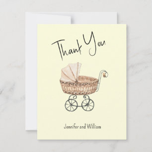Vintages Watercolor Wicker Baby Buggy Babydusche Dankeskarte