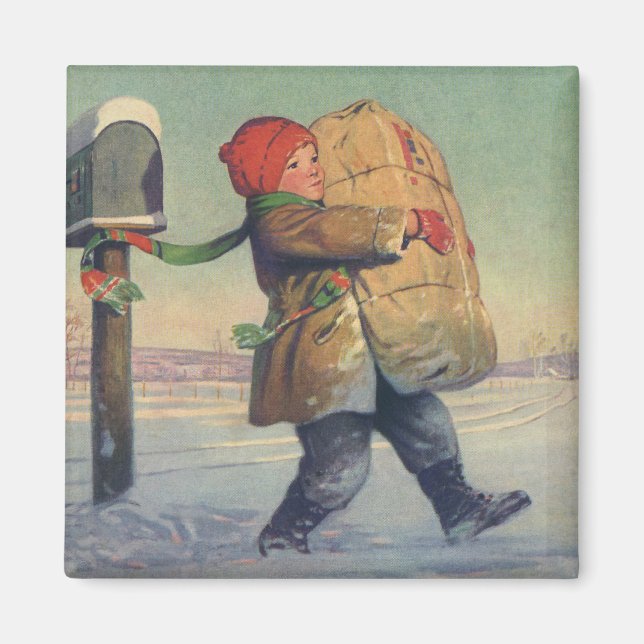 Vintages Weihnachten, Kind mit großem Paket Magnet (Vorne)