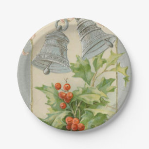 Vintages Weihnachten silberne Bell u. Stechpalme Pappteller