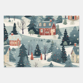 Vintages Weihnachtsdorf-Muster Geschenkpapier Set