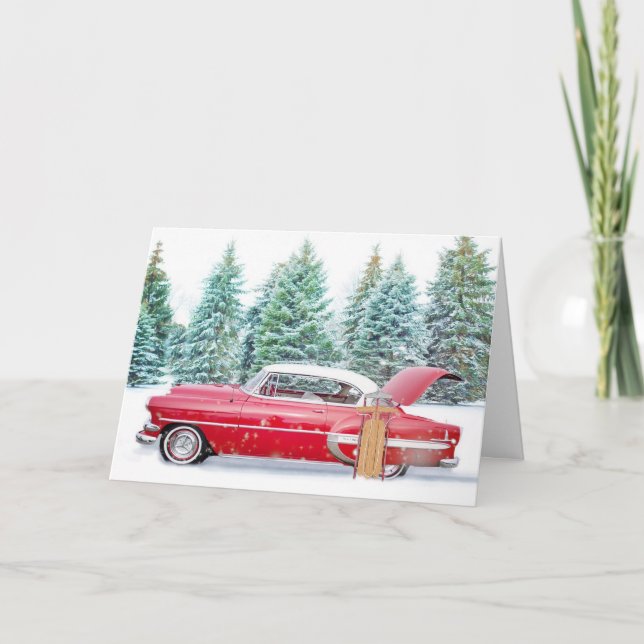 Vintages Weihnachtsfest des Roten Autos Karte (Vorderseite)