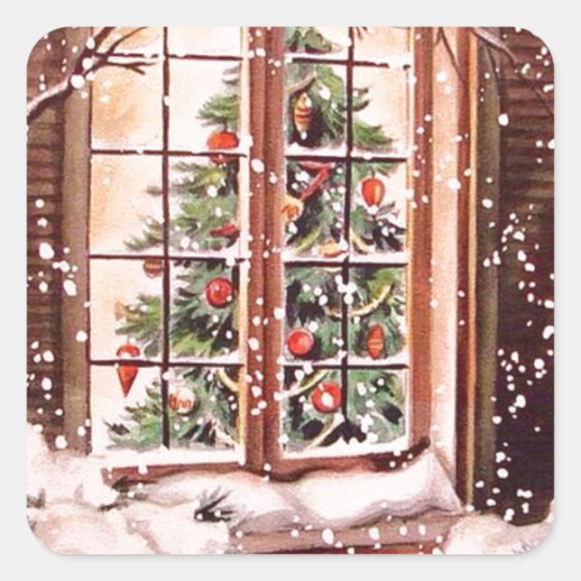 Vintages Weihnachtshaus Quadratischer Aufkleber (Vorderseite)