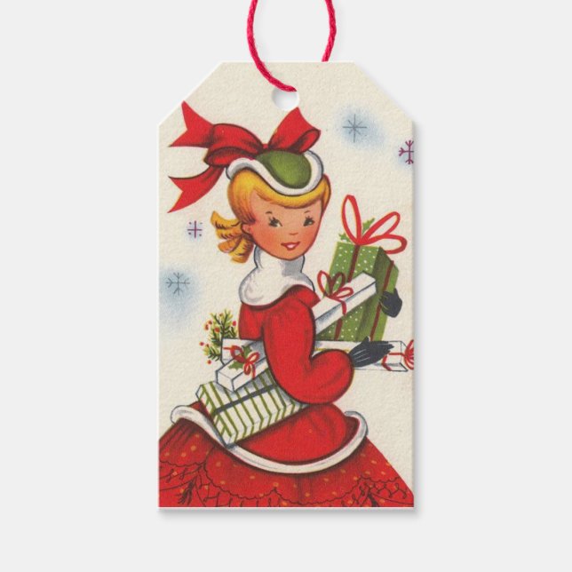 Vintages Weihnachtsmädchen der 50er Jahre Geschenkanhänger (Vorderseite)