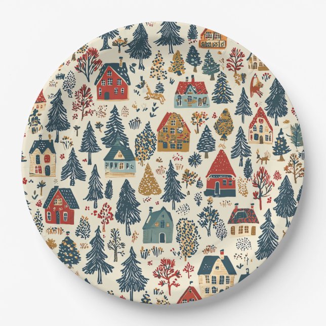 Vintages Weihnachtsmuster aus Holz (20) Pappteller (Vorderseite)
