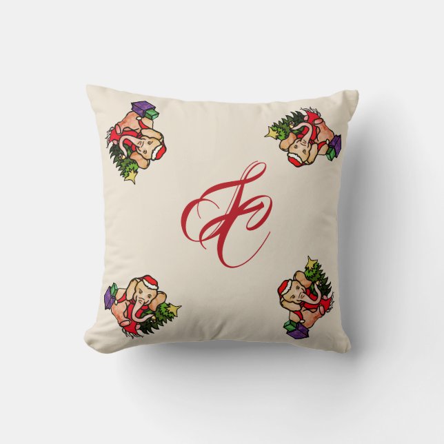 Vintages Weihnachtsniedliches Elefant-Monogramm Kissen (Vorderseite)