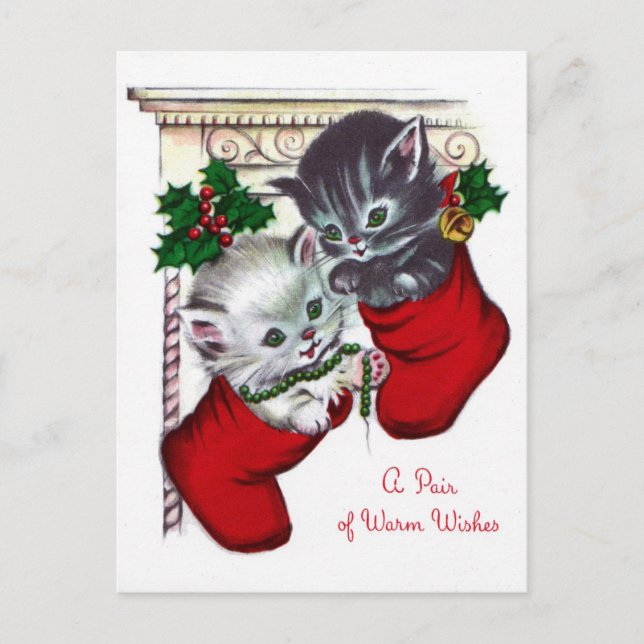 Vintages Weihnachtsretro Katze Feiertagspostkarte (Vorderseite)
