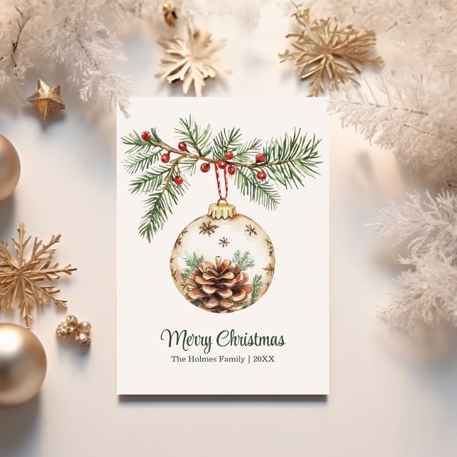 Vintages Weihnachtsschmuck Feiertagskarte (Vintage Watercolor Christmas Ornament Holiday Card surrounded with golden Christmas ornaments.)