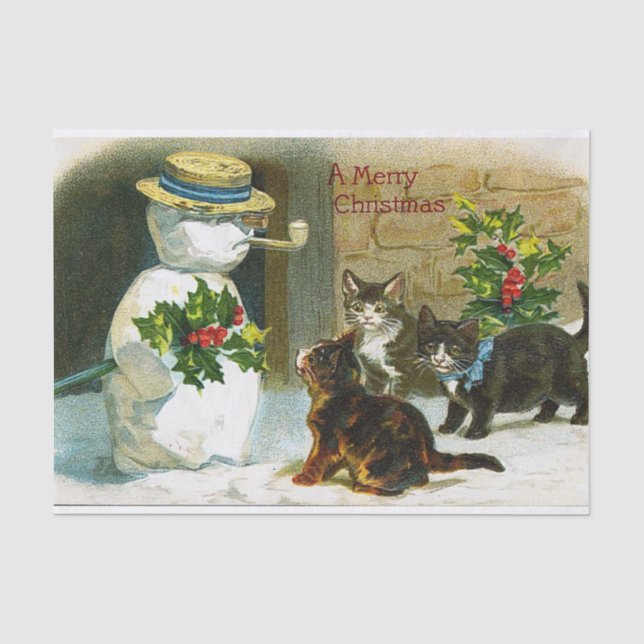 Vintages Weihnachtssnowmankatzen-Partygewebe Seidenpapier (Vorderseite)
