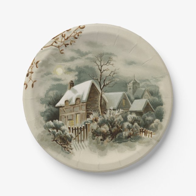 Vintages Weihnachtswinter-Land-Papierplatte Pappteller (Vorderseite)
