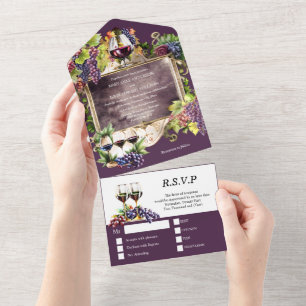 Vintages Weinemblem, bordeauxfarbene Goldtrauben All In One Einladung