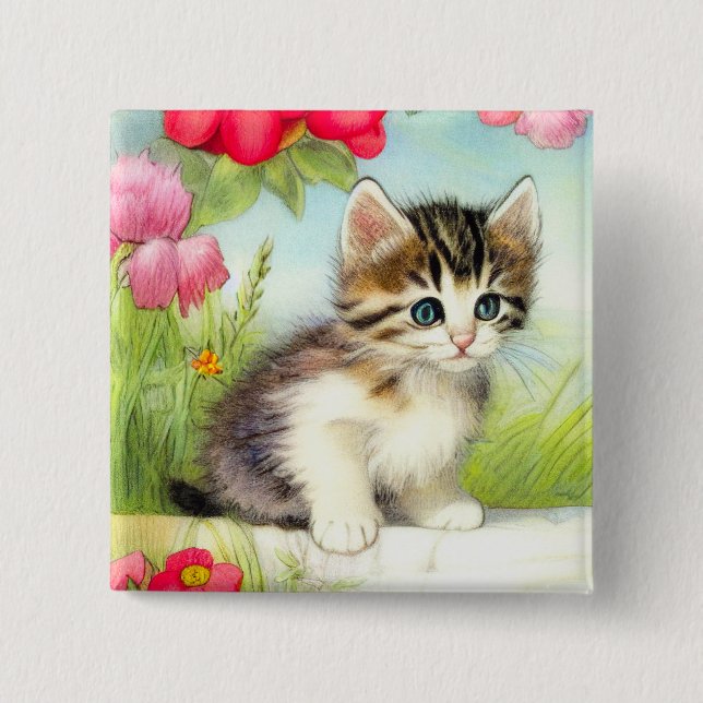 Vintages Weiß und Brown Kitten mit Blume Button (Vorderseite)